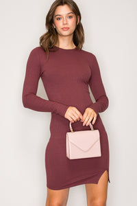 DZ80099 | Crew Neck Long Sleeve Slit Rib Mini Dress