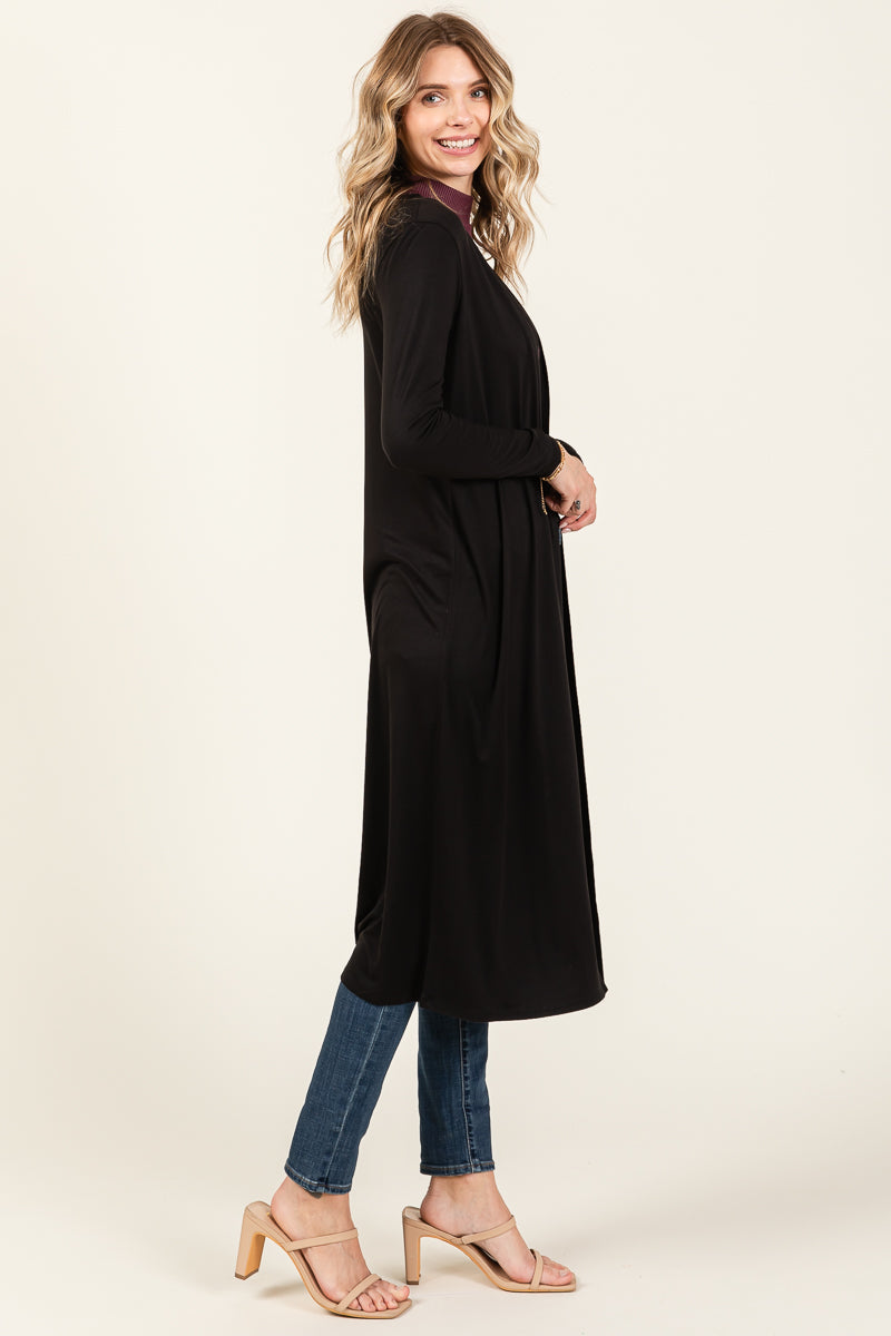 CZ8058 | Solid Knee-Length Open Front Long Sleeve Cardigan