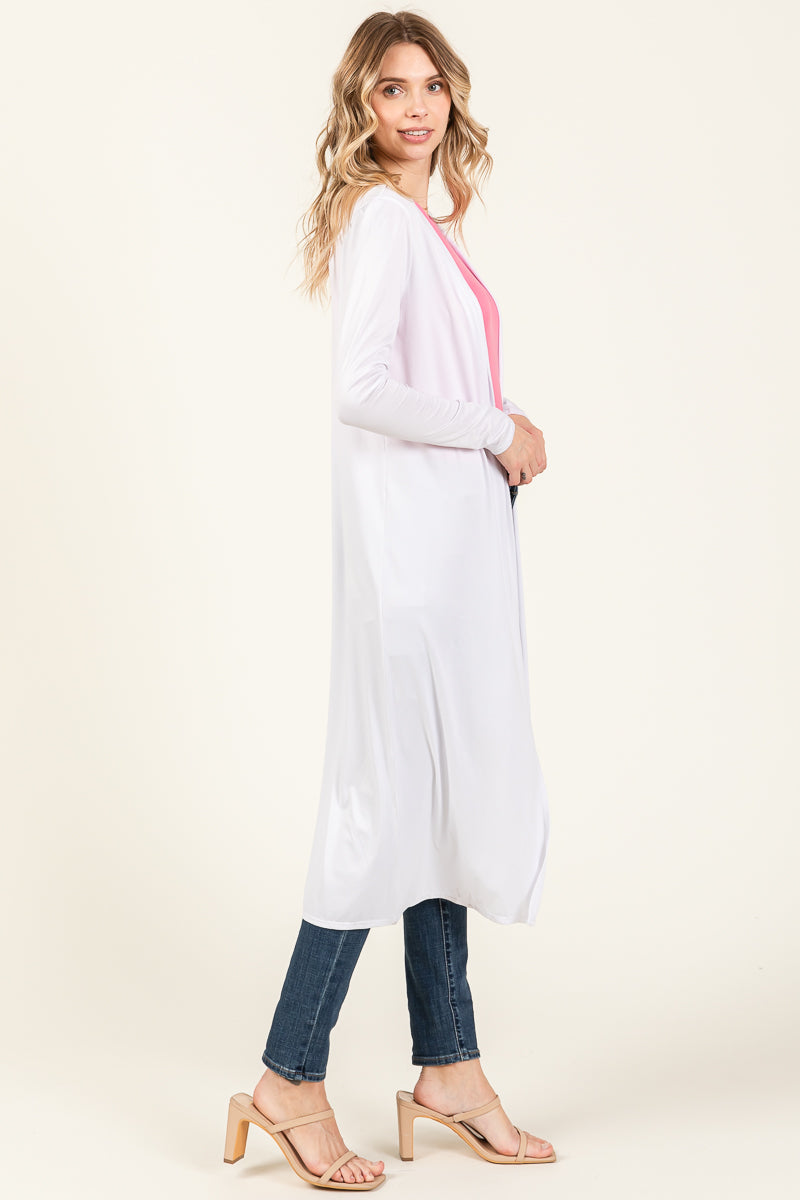 CZ8058 | Solid Knee-Length Open Front Long Sleeve Cardigan