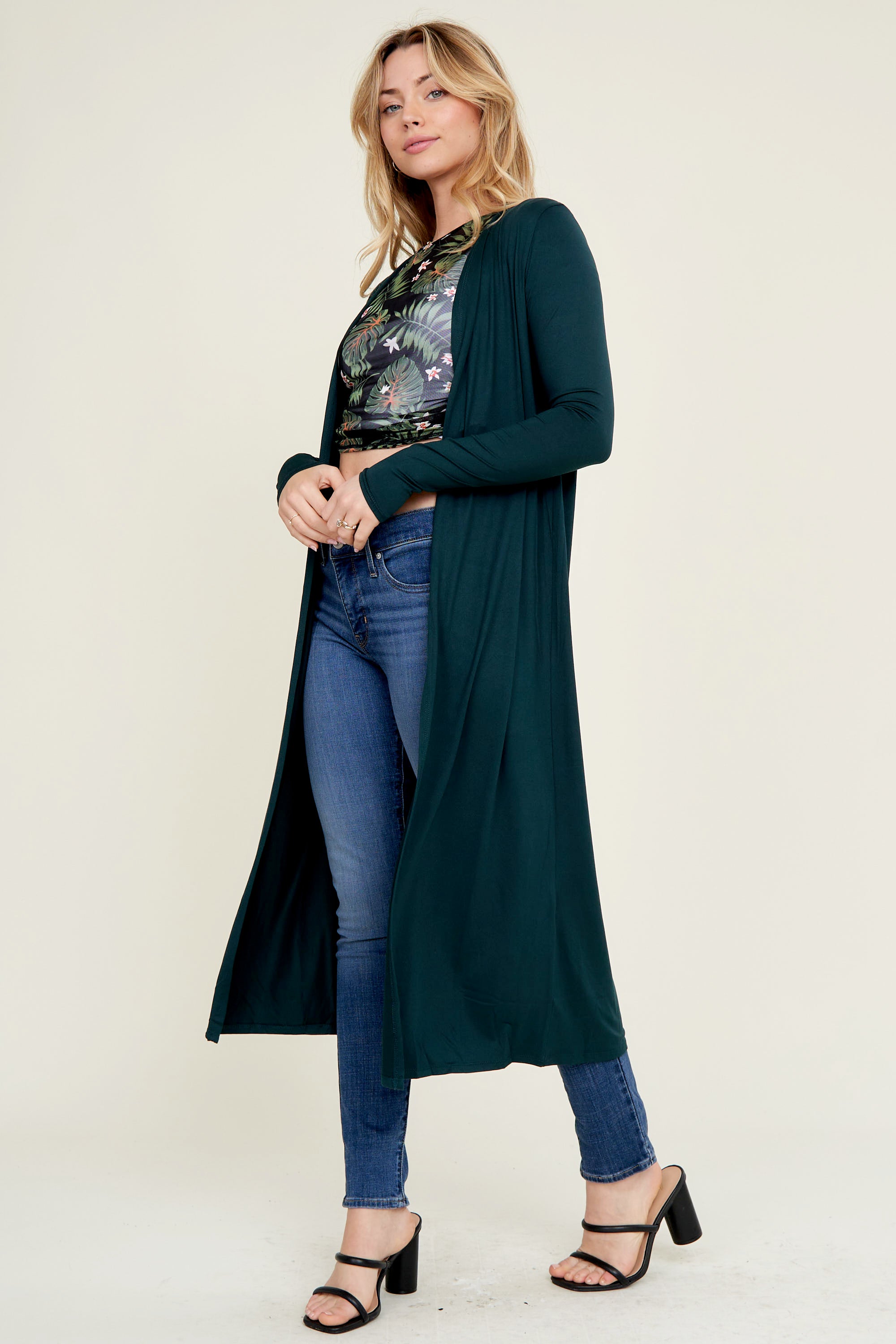CZ8058 | Solid Knee-Length Open Front Long Sleeve Cardigan