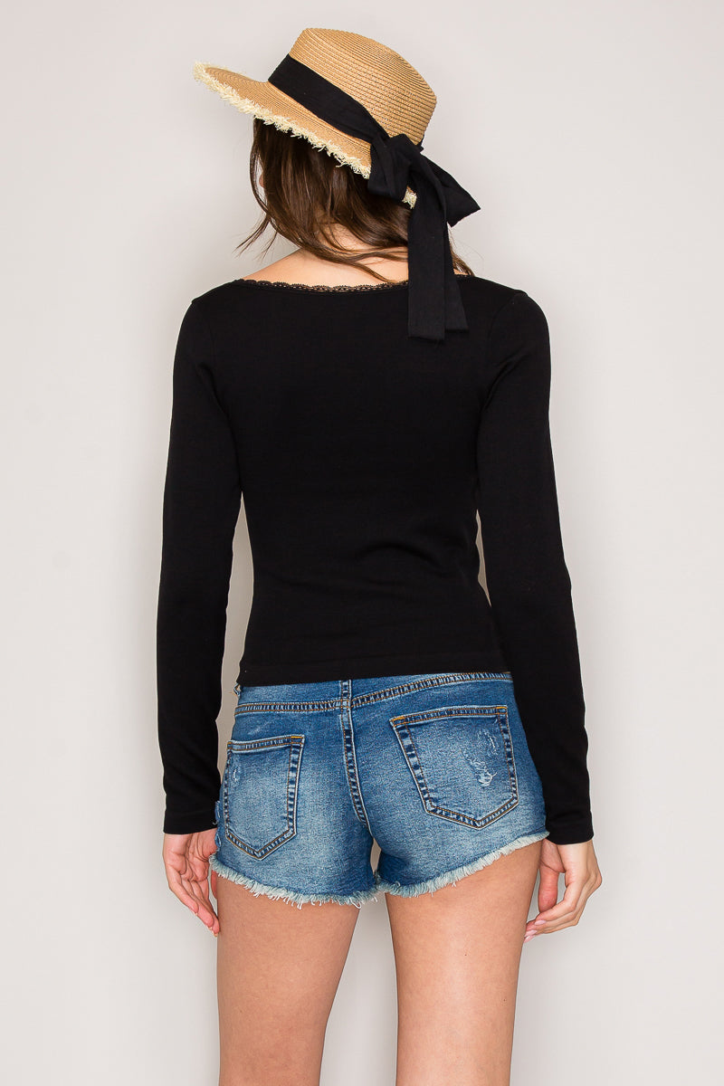 SLTZ80003 | Lace Trim Scoop Neck Seamless Long Sleeve Rib