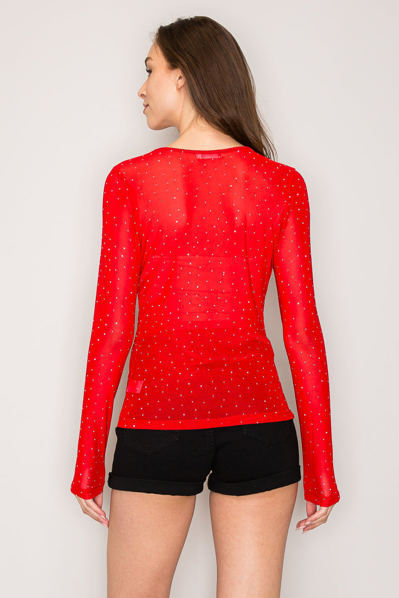 TZ30196 | Rhinestone Embellished Mesh Long Sleeve Knit Top