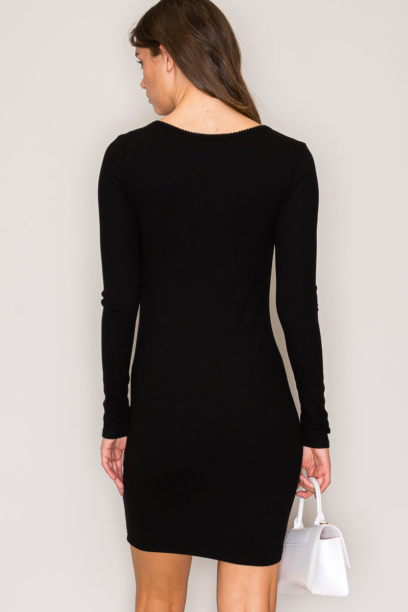 DZ7985 | Sweetheart Neck Long Sleeve Mini Dress with Bow Trim DZ7985 | Sweetheart Neck Long Sleeve Mini Dress with Bow Trim