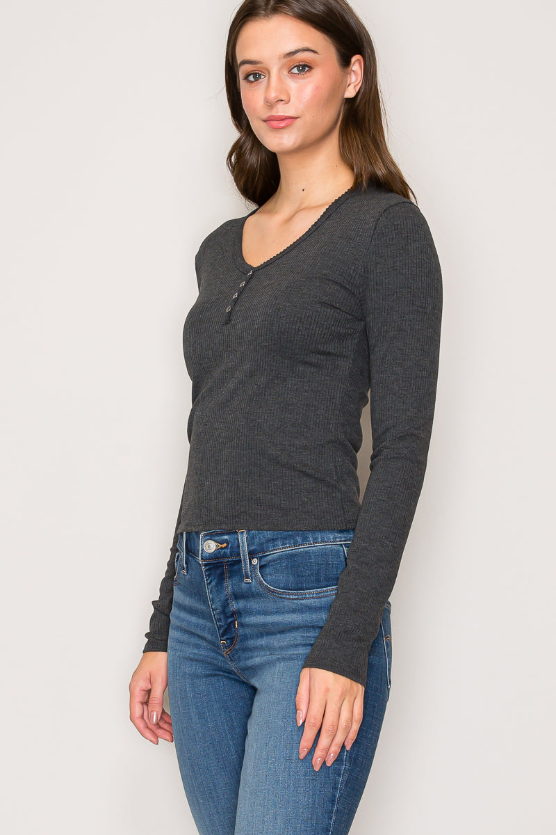 TZ9511 | Ribbed Henley Long Sleeve Top with Picot Trim – Popular 21