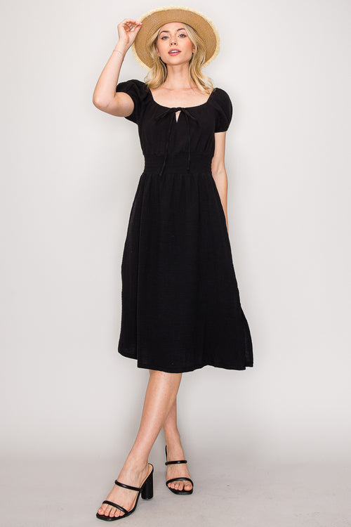 DY70009 | Bubble Short Sleeve Smocked Waist Flare Midi Dress Popular 21 DY70009 | Bubble Short Sleeve Smocked Waist Flare Midi Dress Popular 21